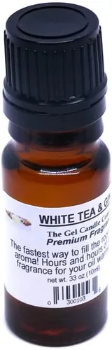 Aceite aromático de té blanco y jengibre en vidrio ámbar con difusores y quemadores de cuentagotas integrados de 0.33 onzas líquidas.