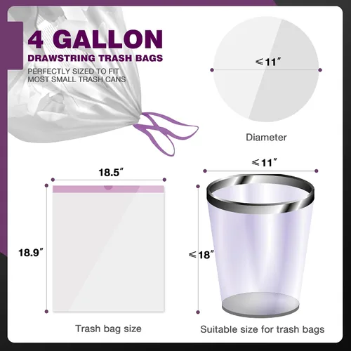 Miniatura 4 de JOYEUX Bolsas de basura pequeñas de 4 galones – 90 bolsas de basura pequeñas con cordón, mini forros de basura blancos para baño, dormitorio