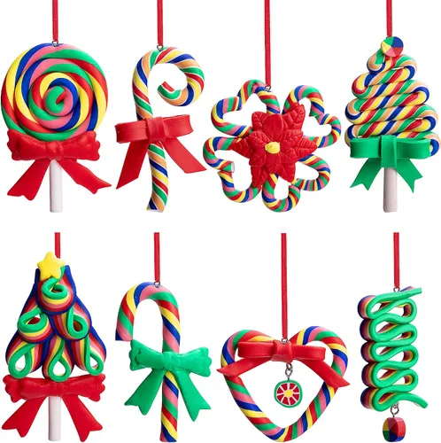 Codree 8 piezas de adornos de piruleta de bastón de caramelo arcoíris - Adornos colgantes de arcilla polimérica para árbol de Navidad, fiesta de