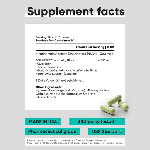 Miniatura 7 de AGERESET NAD Suplemento NMN Alternativo Liposomal + Gotu Kola para Mujeres y Hombres con Resveratrol, Quercetina, Gotu Kola