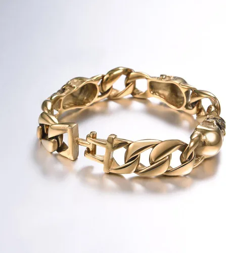 Miniatura 25 de U7 Pulseras góticas de calavera para hombres y mujeres, acero inoxidable, chapado en oro de 18 quilates, plata, negro, punk, esqueleto punk