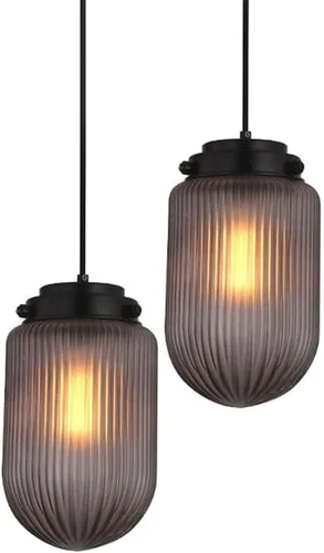 Miniatura 2 de 2 Pack Modern Smoke Gray Pendant Lights, Nordic Cylindrical Striped Glass Shade Ceiling Hanging Lighting, Adjustable Height E27/E26 Sockets