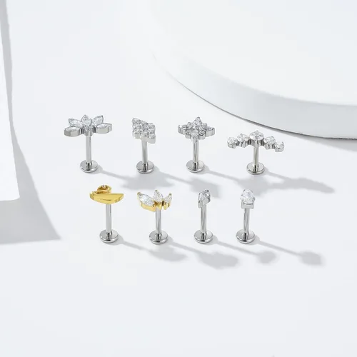 Miniatura 3 de ENONTY 1 pieza de 16G G23 titanio sin rosca Labret Stud Push In Bling CZ Labret Cluster Labret Tragus Helix Conch Lobe Rook Cartiltilago Push Back