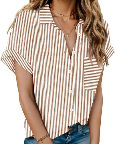 Miniatura 11 de HOTOUCH Camisas de Lino para Mujer con Botones Blusas de Manga Corta de Algodón Cuello en V con Cuello Tops de Gasa con Botones S-3XL