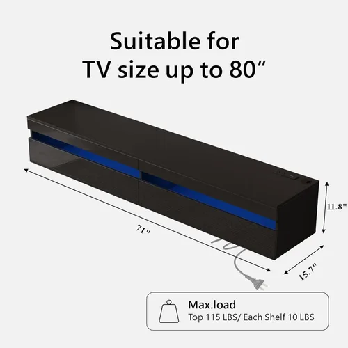 Miniatura 3 de Soporte flotante de madera maciza para TV con iluminación LED y toma de corriente, centro de entretenimiento de alto brillo de 71 pulgadas montado