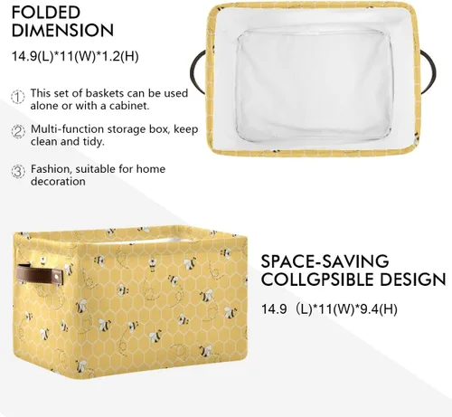 Miniatura 2 de Cesta de almacenamiento en cubo amarillo con peine de abeja y miel, caja de almacenamiento plegable grande para juguetes, organizador de lavandería