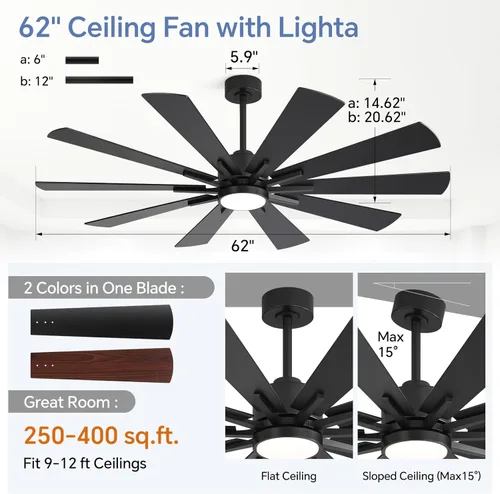 Miniatura 6 de Ventiladores de techo modernos con luces, ventilador de techo negro grande de 62 pulgadas con luz y control remoto, puerta/uso al aire libre