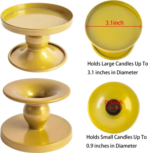 Miniatura 2 de Portavelas de mesa dorados, juego de 2, soporte reversible de metal para velas de pilar y velas cónicas, elegante bandeja para velas de mesa