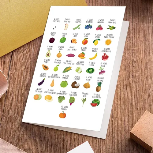 Miniatura 4 de Divertida tarjeta de baby shower de frutas y verduras, tarjeta de felicitación de embarazo para pareja, nueva tarjeta de bebé para mamá, papá
