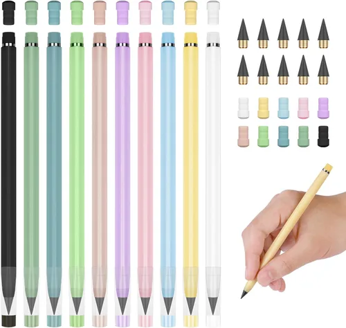 HOTUT Lápiz infinito, 10 lápices sin tinta Forever con 10 puntas reemplazables y borradores adicionales, lápices sin afilar para estudiantes para