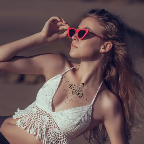 Miniatura 6 de 6 hojas de tatuajes temporales para mujeres y niñas, impermeables, tatuajes falsos de flores de rosas, tatuajes sexys debajo del busto, joyería