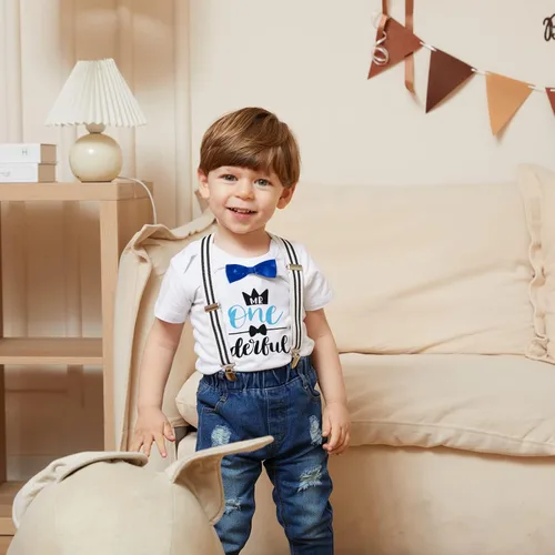 Miniatura 33 de Conjunto de ropa de cumpleaños para bebé niño pequeño, con tirantes, pantalones de mezclilla rasgados