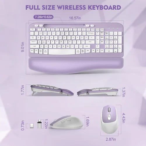 Miniatura 3 de Combo de teclado y mouse inalámbrico, teclado ergonómico de tamaño completo con teclas de onda, reposa muñeca acolchado, soporte para teléfono