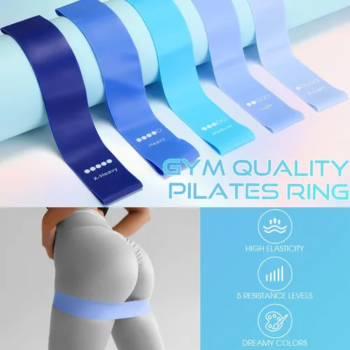 Miniatura 5 de Silipull Juego de 6 anillos de pilates y pelota esenciales para mujeres, pelota de ejercicio de yoga circular de 14 pulgadas, 5 bandas de Azul