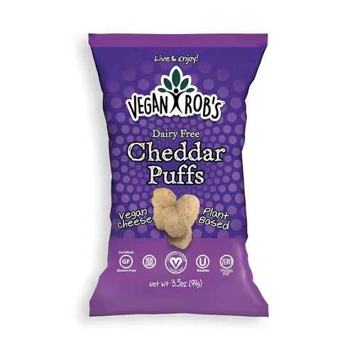 Vegan Rob's Puffs, Cheddar | Sin lácteos, hecho con queso vegano, aperitivo sin gluten, a base de plantas, apto para veganos, sin OGM, bolsas de 3.5