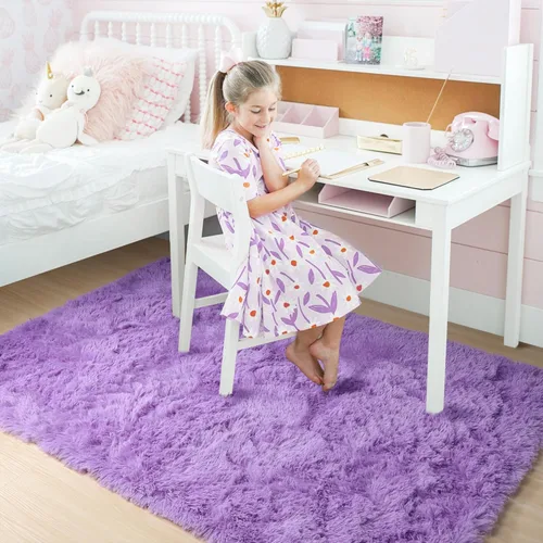 Miniatura 5 de Alfombras moradas para dormitorio de niñas, alfombra de 5 x 8 pies, alfombra peluda esponjosa para sala de estar, alfombras peludas gruesas
