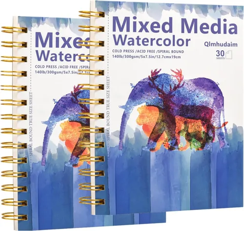 Miniatura 9 de Cuaderno de bocetos de medios mixtos Qlmhudaim 4" x 4" 30 hojas 140 lb/300 g, encuadernado en espiral con línea de desgarro De grado