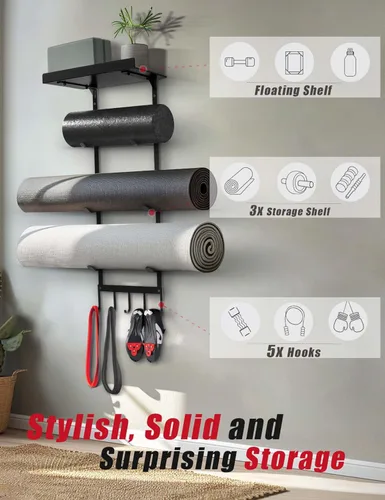 Miniatura 2 de Soporte de pared para esterilla de yoga, estante de almacenamiento de gimnasio en casa con estante flotante superior, 4 niveles para tapete de yoga