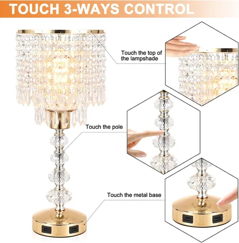 Miniatura 4 de Lámpara de mesa de cristal con control táctil, regulable de 3 vías, lámpara pequeña para mesita de noche con 2 puertos de carga USB, lámpara de mesa