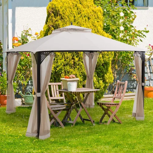 Miniatura 10 de Tangkula Cenador de patio de 10 x 12 pies con red, cenador para exteriores con techo doble ventilado, paredes laterales de malla, gancho superior