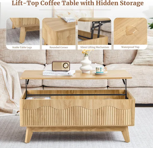 Miniatura 6 de BERRYMERRY Mesa de centro elevable con almacenamiento oculto, mesa de centro acanalada de granja con perfil ondulado, mesa central rectangular Roble