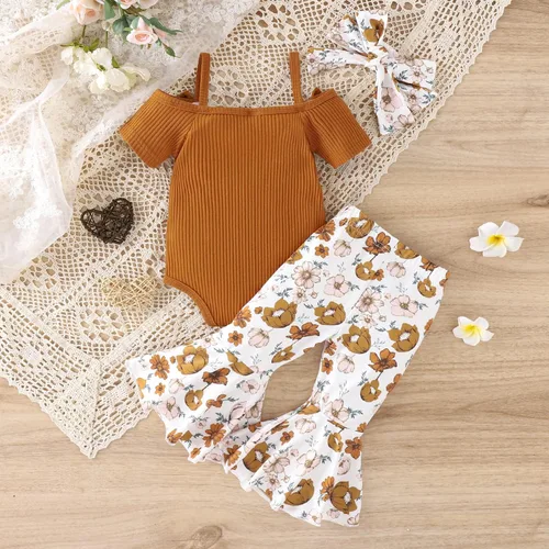 Miniatura 7 de Engofs Conjunto de 3 piezas para bebé recién nacida, manga corta, pantalones acampanados, diadema, conjunto de 3 piezas, traje de verano para bebés