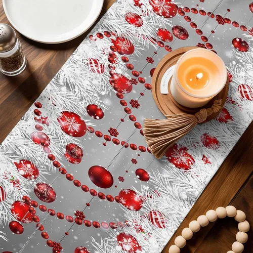Miniatura 4 de Camino de mesa de Navidad con alce de Papá Noel gris de 120 pulgadas de largo, bufandas de vestir de granja, bolas de Navidad rojas, copo de nieve