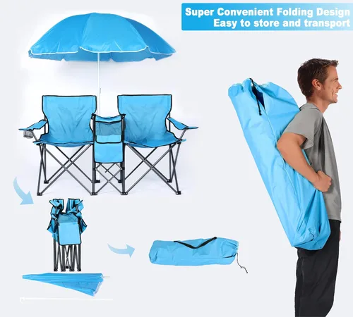 Miniatura 6 de Silla de picnic portátil doble, silla de campamento plegable con mesa para paraguas, soporte para bebidas, bolsa de transporte, mesa plegable