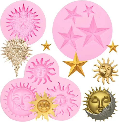 Miniatura 13 de Juego de moldes de silicona, formas de estrella de sol y luna, rosa, moldes para hornear dulces de chocolate, 5 piezas con temática celestial