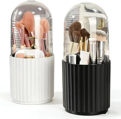 Organizador de brochas de maquillaje con tapa, organizador de brochas de maquillaje giratorio de 360 grados, soporte giratorio para cosméticos, caja