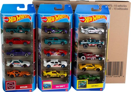 Miniatura 3 de Hot Wheels Paquete de 5 autos o camiones de juguete, 3 juegos temáticos de 5 vehículos fundidos a presión a escala 1:64 para niños y coleccionistas