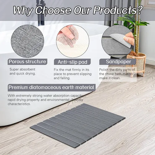 Miniatura 4 de Paquete de 1 tapete de baño plegable de piedra para baño, tapete de baño gris súper absorbente de tierra de diatomeas, alfombra de ducha