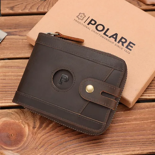Miniatura 8 de Polare - Cartera plegable de cuero de grano completo para hombre, con bloqueo RFID, ranura para AirTag y bolsillo YKK con cremallera para monedas