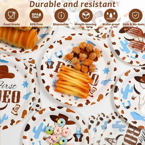 Miniatura 3 de 96 piezas de suministros para mi primer rodeo de cumpleaños, platos de papel, servilletas, vaquero occidental azul, juego de vajilla para fiesta