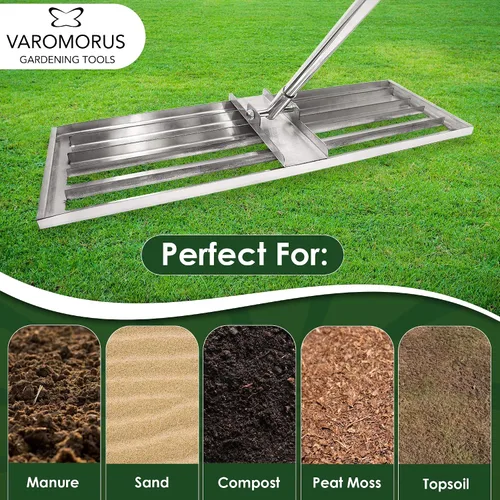 Miniatura 4 de Varomorus Rastrillo de nivel de césped de acero inoxidable – Herramienta profesional de nivelación de patio, jardín y césped de 30 pulgadas