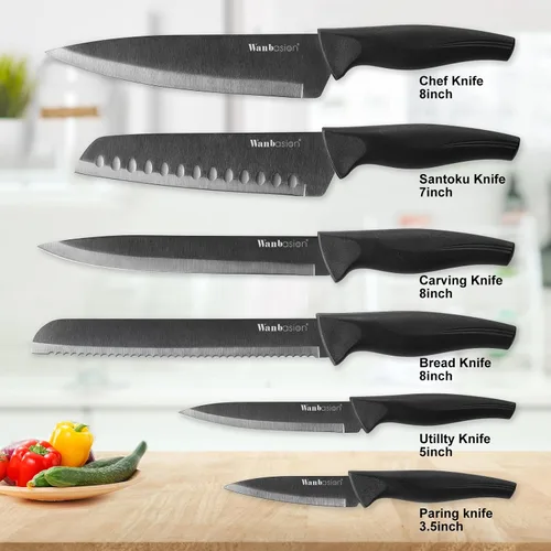 Miniatura 3 de Wanbasion Juego de cuchillos de cocina profesional negro, de acero inoxidable, apto para lavavajillas con fundas
