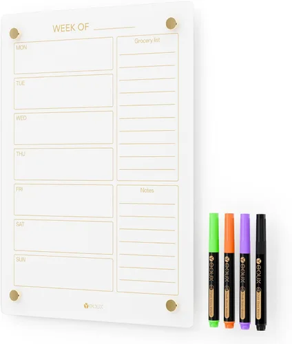 Miniatura 12 de Calendario semanal de borrado en seco dorado de cristal negro y pizarra blanca de menú para pared, planificación de comidas y lista de compras