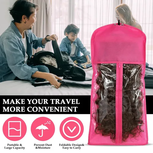 Miniatura 6 de VARIPOWDER 10 bolsas de almacenamiento para pelucas con colgador de extensiones de cabello para múltiples pelucas, bolsa de pelucas a prueba de Rosa