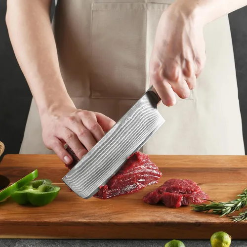 Miniatura 7 de Cuchillo Damasco Nakiri, cuchillo de cocina profesional de 7 pulgadas con mango ergonómico de madera antideslizante, japonés 10Cr15CoMoV, cuchillo