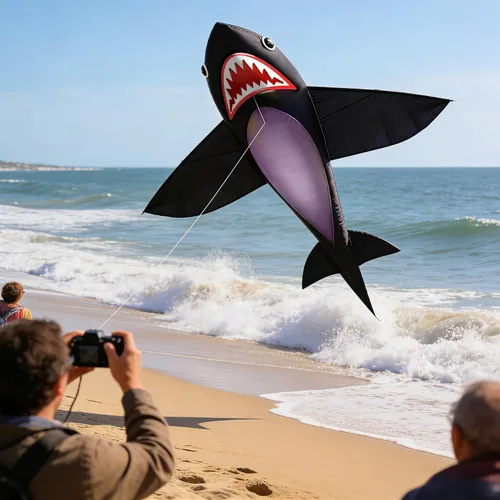 Miniatura 2 de HENGDA KITE para adultos realista tiburón negro cometa de una sola línea volando juguetes al aire libre playa parque jugar