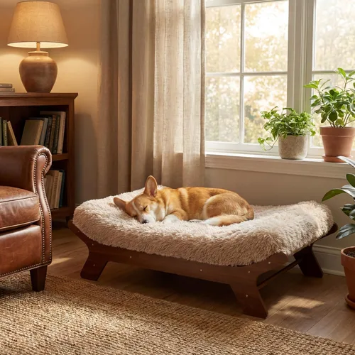 Muihood Marco de cama elevado de madera para perro y colchón de espuma para jaula de huevos, lujoso adecuado para mascotas de hasta 60 libras,