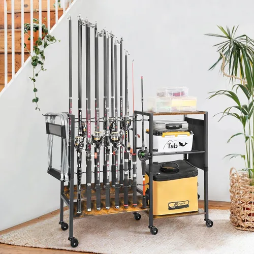 Miniatura 6 de Olakee Soportes para caña de pescar para garaje, soporte para caña de pescar, carrito rodante con organizador de almacenamiento de aparejos