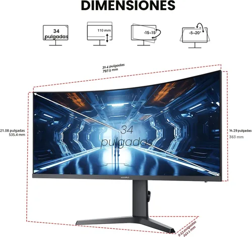 Miniatura 9 de KOORUI Monitor de juegos curvo ultraancho WQHD 3440×1440 de 34 pulgadas, 180Hz 1000R- PIP/PBP, 1ms(MPRT), HDR400, DCI-P3 95%, FreeSync Premium, 1 x