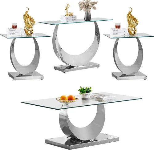 Miniatura 68 de SSLine Mesa auxiliar de cristal de lujo para sala de estar, mesa auxiliar moderna dorada con base de pedestal de acero inoxidable en forma de flor
