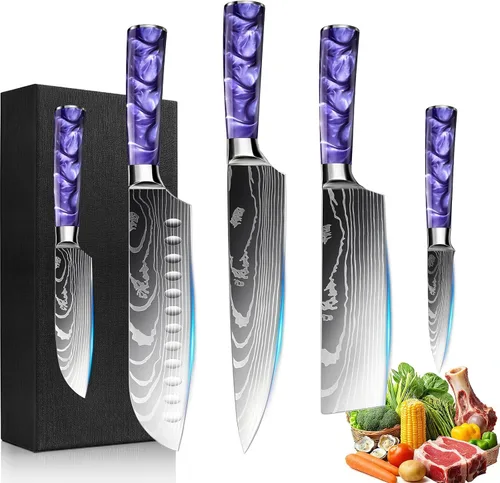 Miniatura 22 de Juego de 10 cuchillos de cocina japoneses de alta calidad, colección Imperial, patrón láser de damasco, acero inoxidable 440A ultra afilado