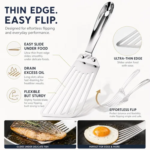Miniatura 5 de KSENDALO Espátula de metal para peces, volteador de huevos de acero inoxidable, muy fina pero resistente, flexible para voltear peces delicados