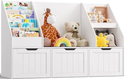 Gizoon Organizador de almacenamiento de juguetes para niños con rincón de lectura, estantería para niños con 3 cajones móviles, rincón de lectura