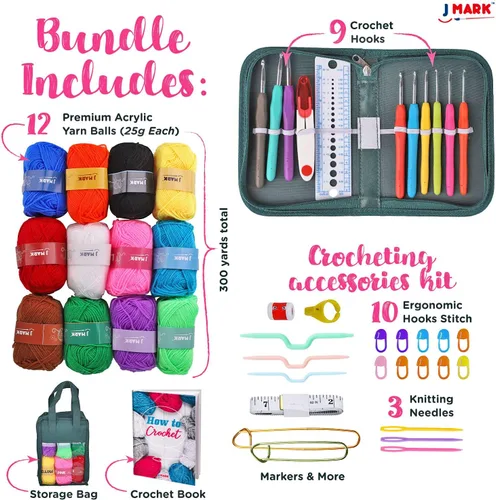 Miniatura 2 de J MARK Kit de Ganchillo de Acrílico para Principiantes – Juego Premium de Inicio de Ganchillo para Adultos