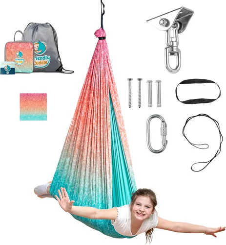 Miniatura 13 de Columpio sensorial de interior para niños o exterior – Soporta 300 libras, doble capa y giro de 360°, columpio hamaca de terapia de compresión