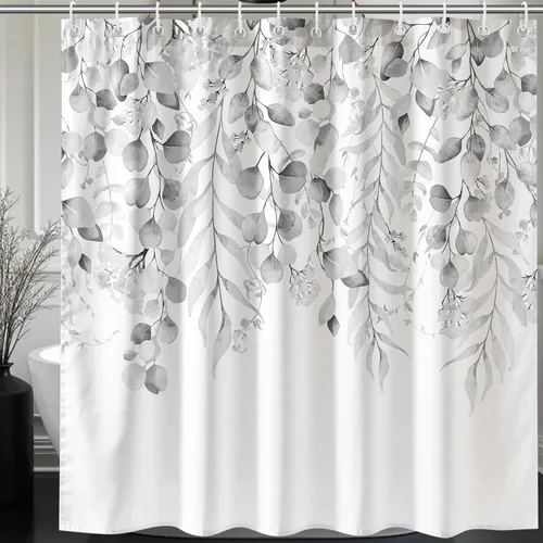 Miniatura 13 de KAIRA Cortina de ducha de eucalipto negro con diseño clásico y moderno, hojas de plantas de acuarela con diseño floral, decoración de baño, 72 x 72